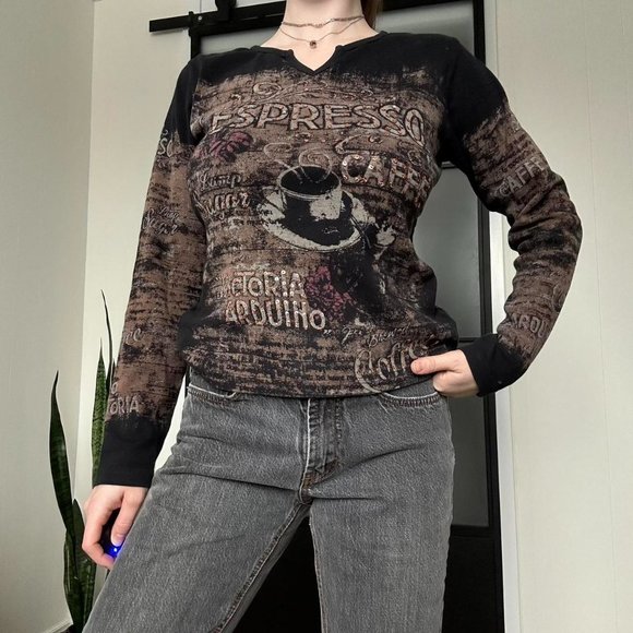 Fresh fx Tops - 2000s Expresso Café Long Sleeve Tee with Rhinestone Detailing